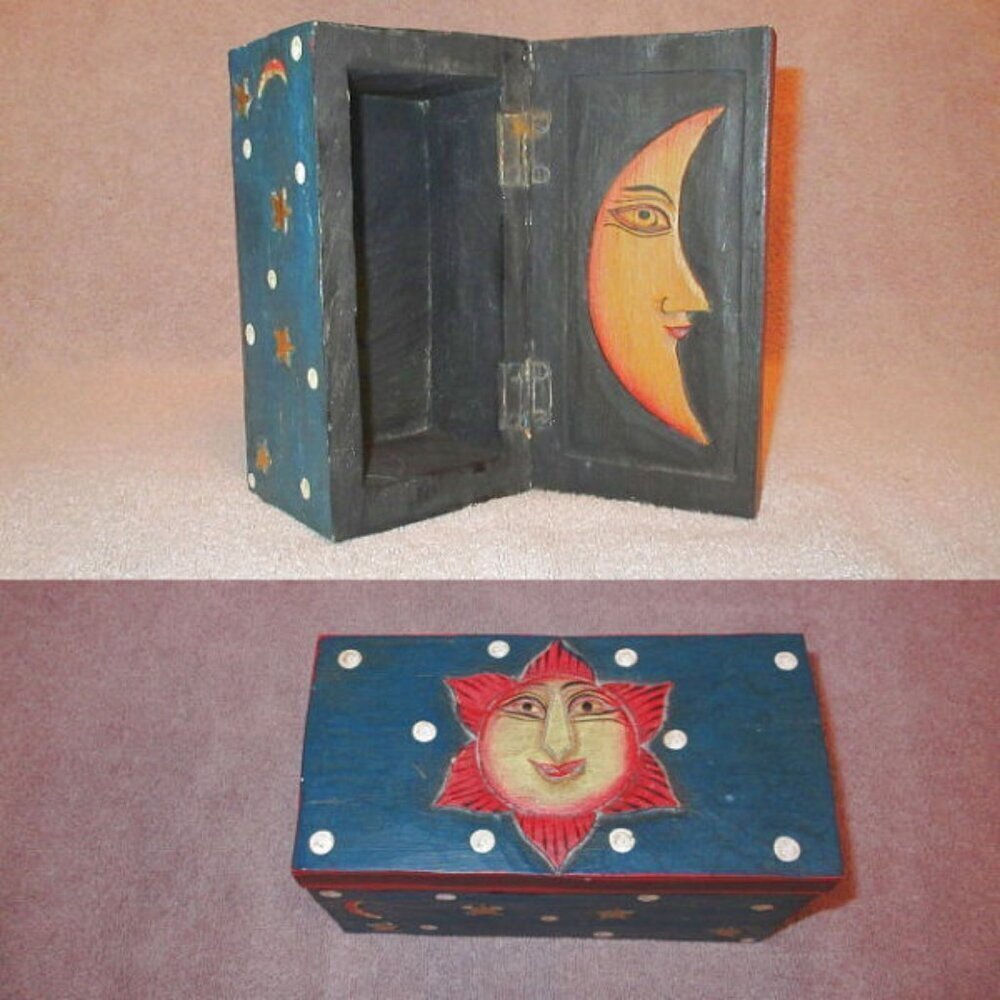 Vtg Celestial Moon & Sun Wood Stash Box 3D Astral Stars Cosmic Painted Lunar 70s